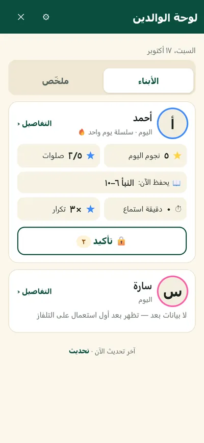 لوحة الوالدين على الجوال: لكل طفل نجوم اليوم والصلوات والسورة التي يحفظها، وزر «تأكيد»
